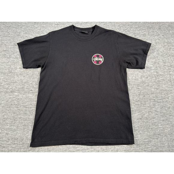 Stussy Shirt Mens Medium Black Short Sleeve Pullover Crewneck Pink Circle Logo - Picture 1 of 8
